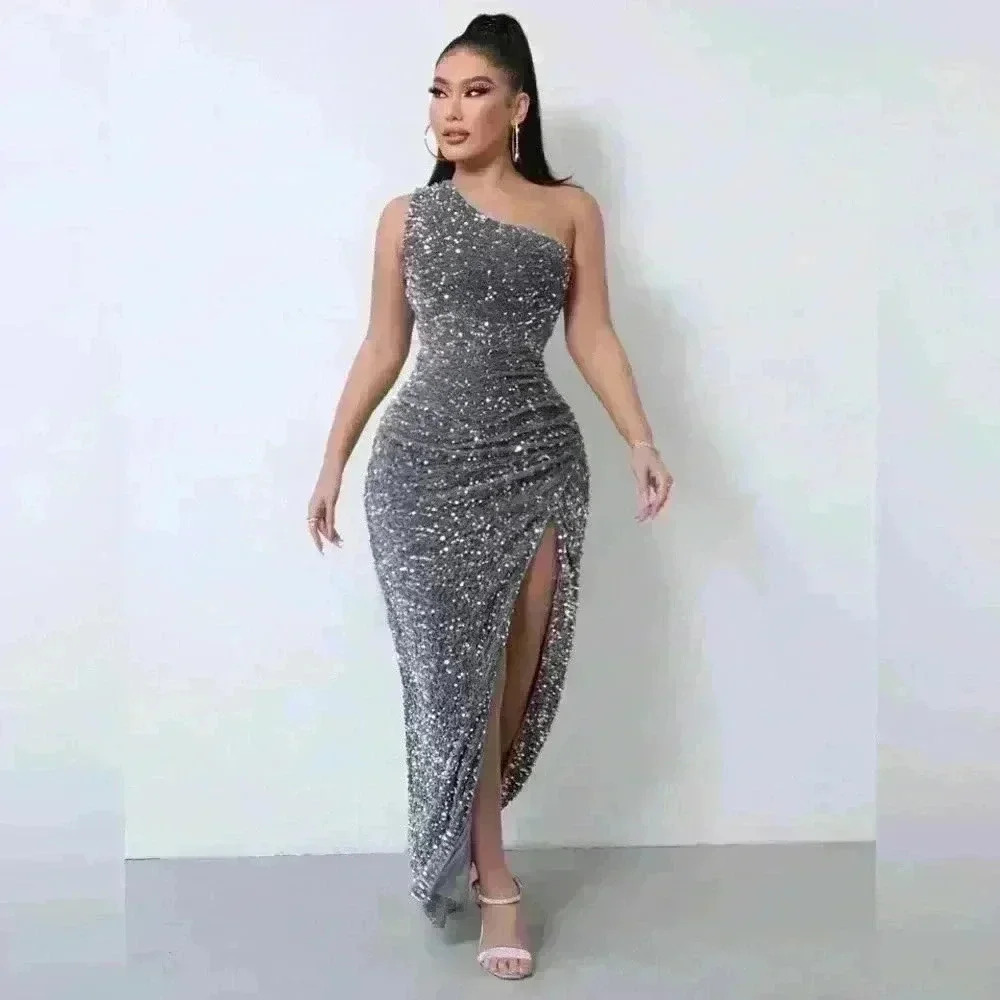 One Shoulder Sequin Sparkle High Slit Wrap Formal Evening Dress Silver S - Picture 3 of 12